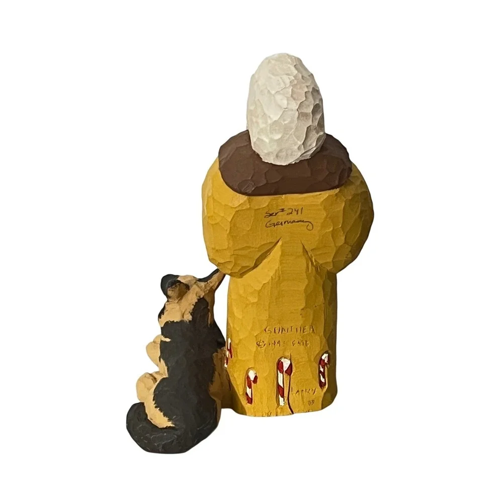 Gunther Lanky Santa Figurine with German Shepherd Yellow Wood Folk Art 6.5